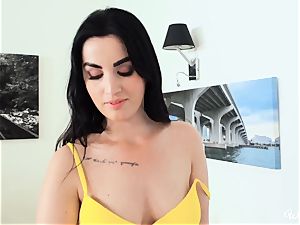 lil' little black-haired fucked with strap dildo by taller hottie